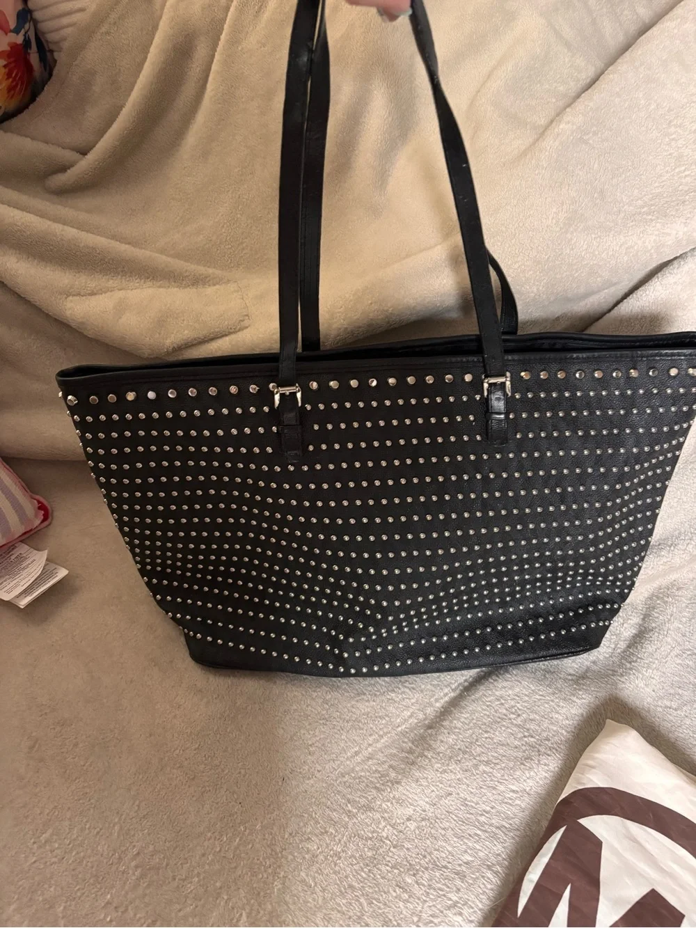 Michael Kors Collection Black Studded Tote with Logo Charm